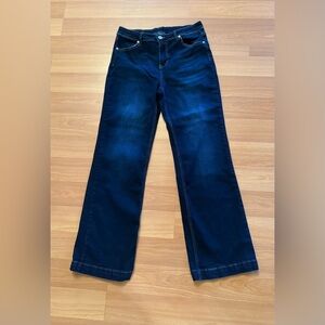 Womens Flare Dark Wash Jeans Size Large Frayed Pockets Some Stretch